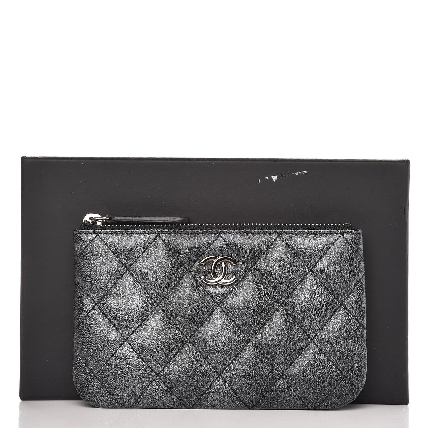 Metallic Goatskin Quilted Small Cosmetic Case Dark Grey