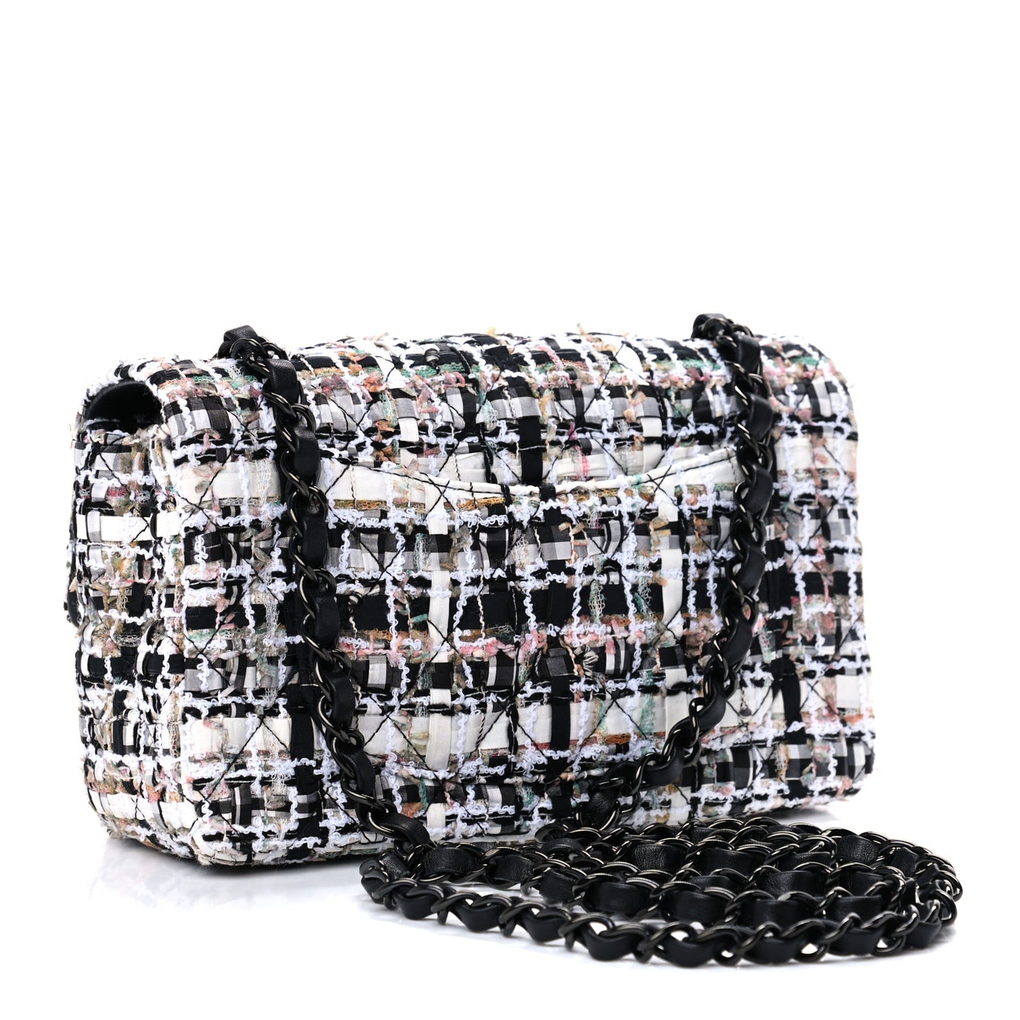 Tweed Quilted Mini Rectangular Flap White Black Multicolor