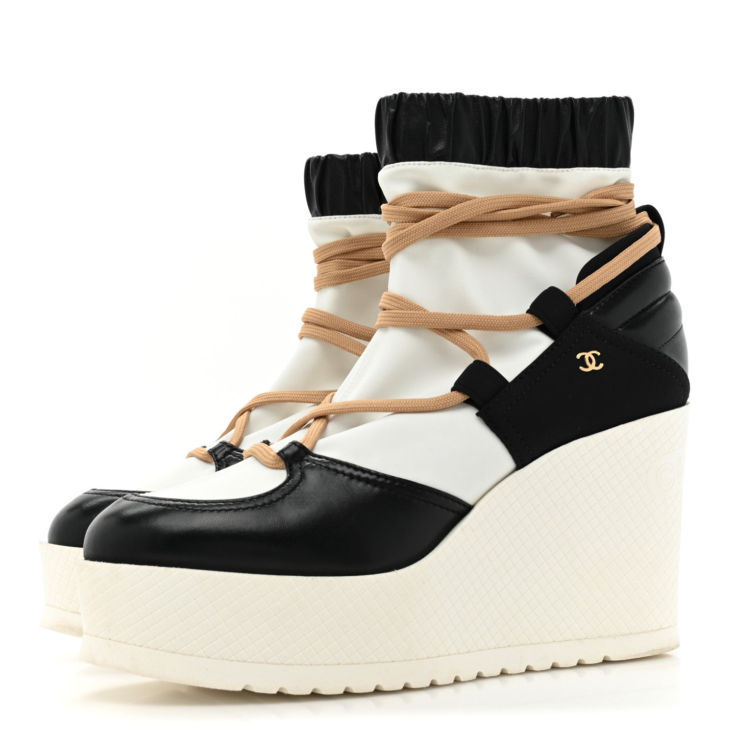 Chanel Patent Calfskin Runway Wedge Short Platform Boots 39.5 Black White Beige 3 of 12