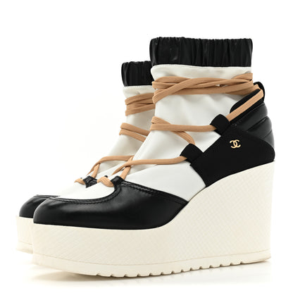 Chanel Patent Calfskin Runway Wedge Short Platform Boots 39.5 Black White Beige 3 of 12
