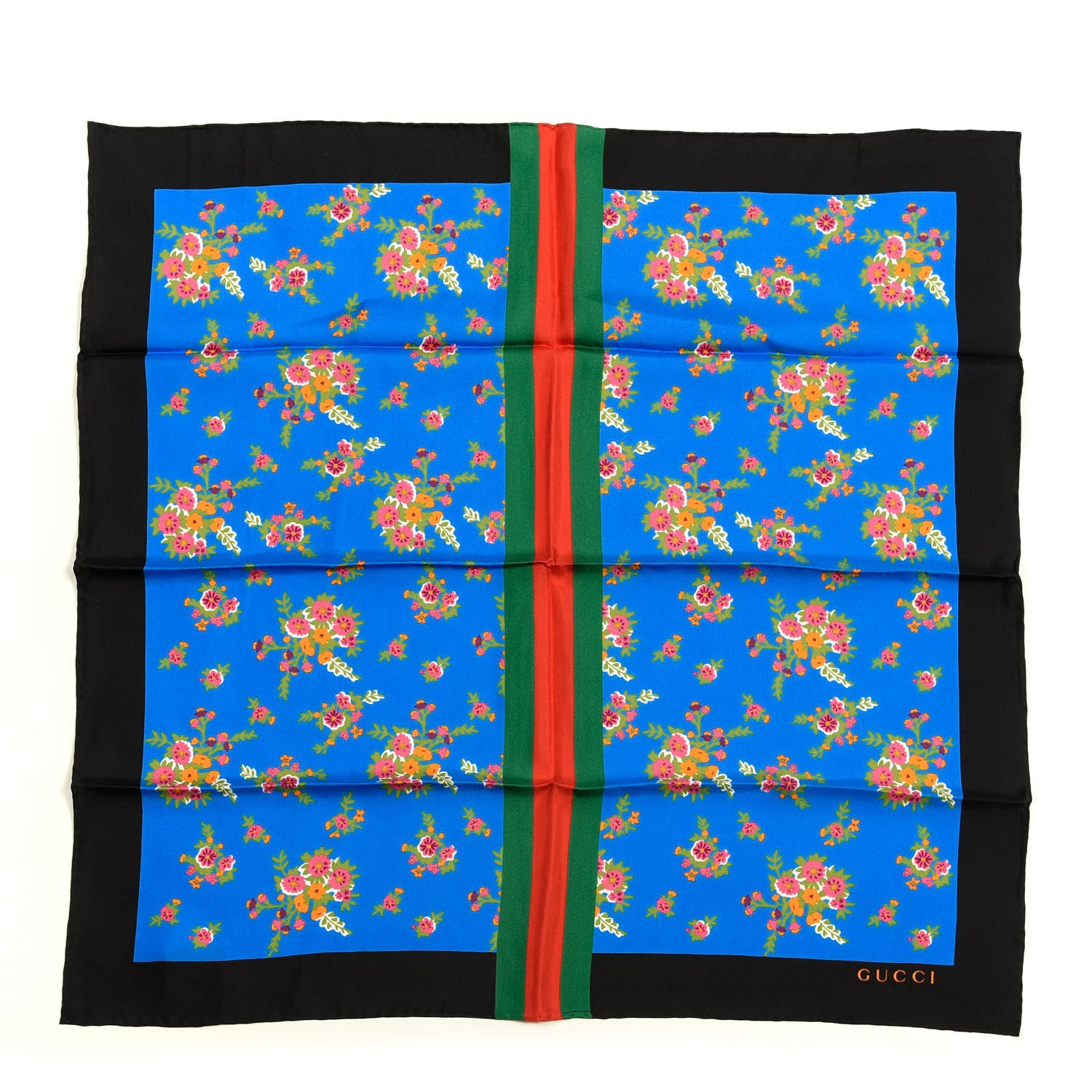 Gucci Silk Floral Print Web Square Scarf Black Blue 1 of 4