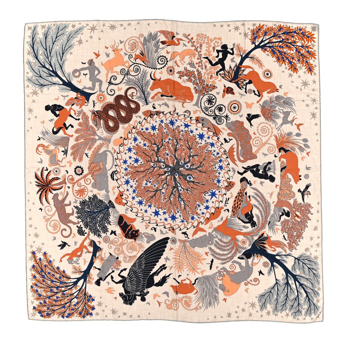 Silk Sous Le Charme d'Orphee Double Face Scarf 140 Naturel Terracotta Marine