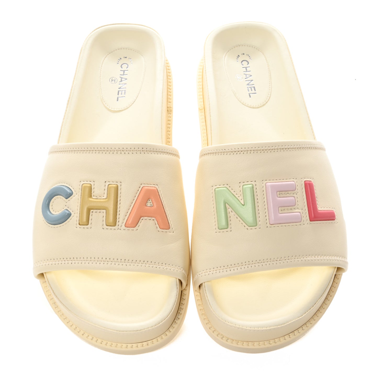 Lambskin Cha-Nel Mule Sandals 39.5 Ivory Multicolor