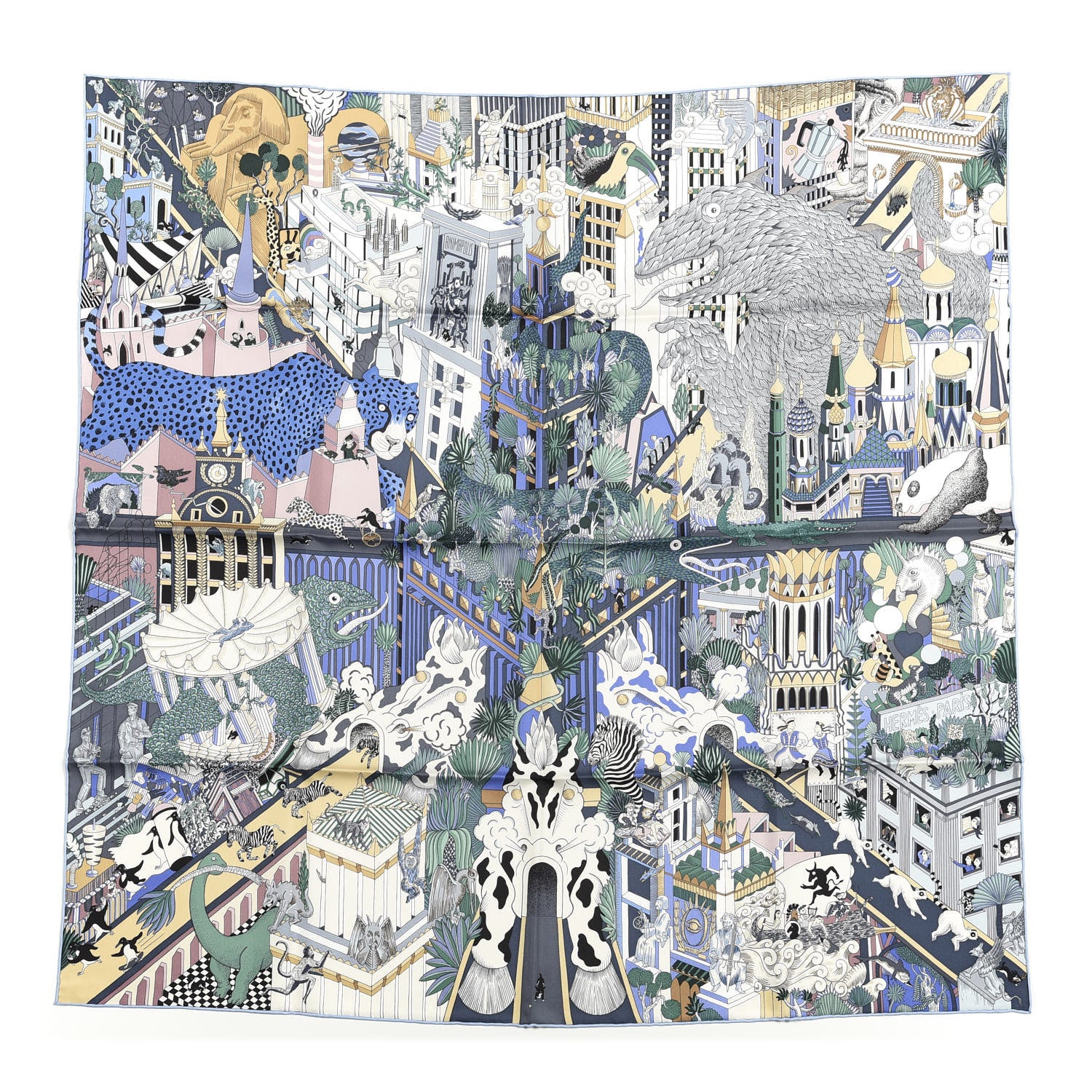 Hermes Silk Animapolis Scarf 90 Bleu Gris Vieux Rose 1 of 3