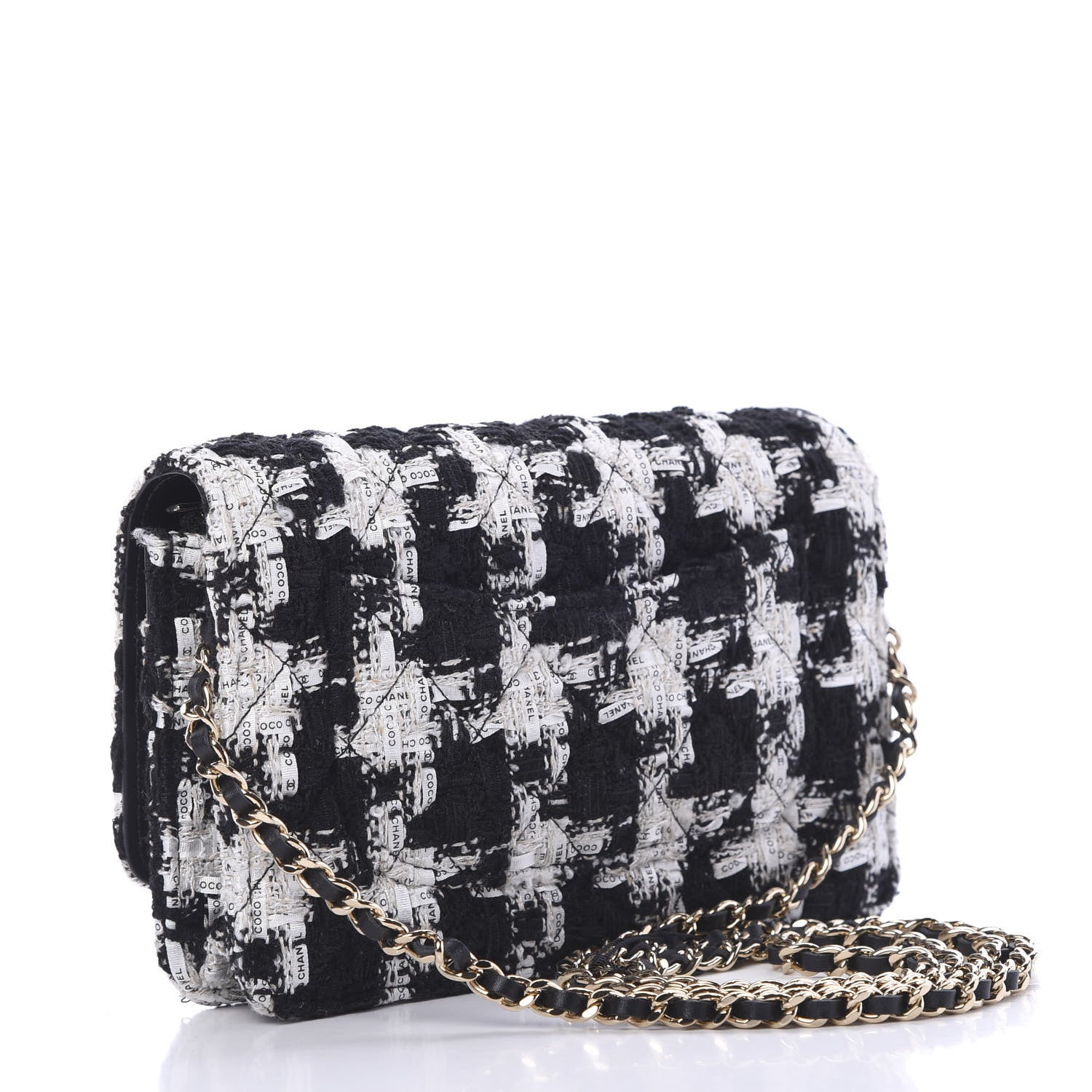 Chanel Tweed Quilted Wallet On Chain WOC Black Ecru White 2 of 11