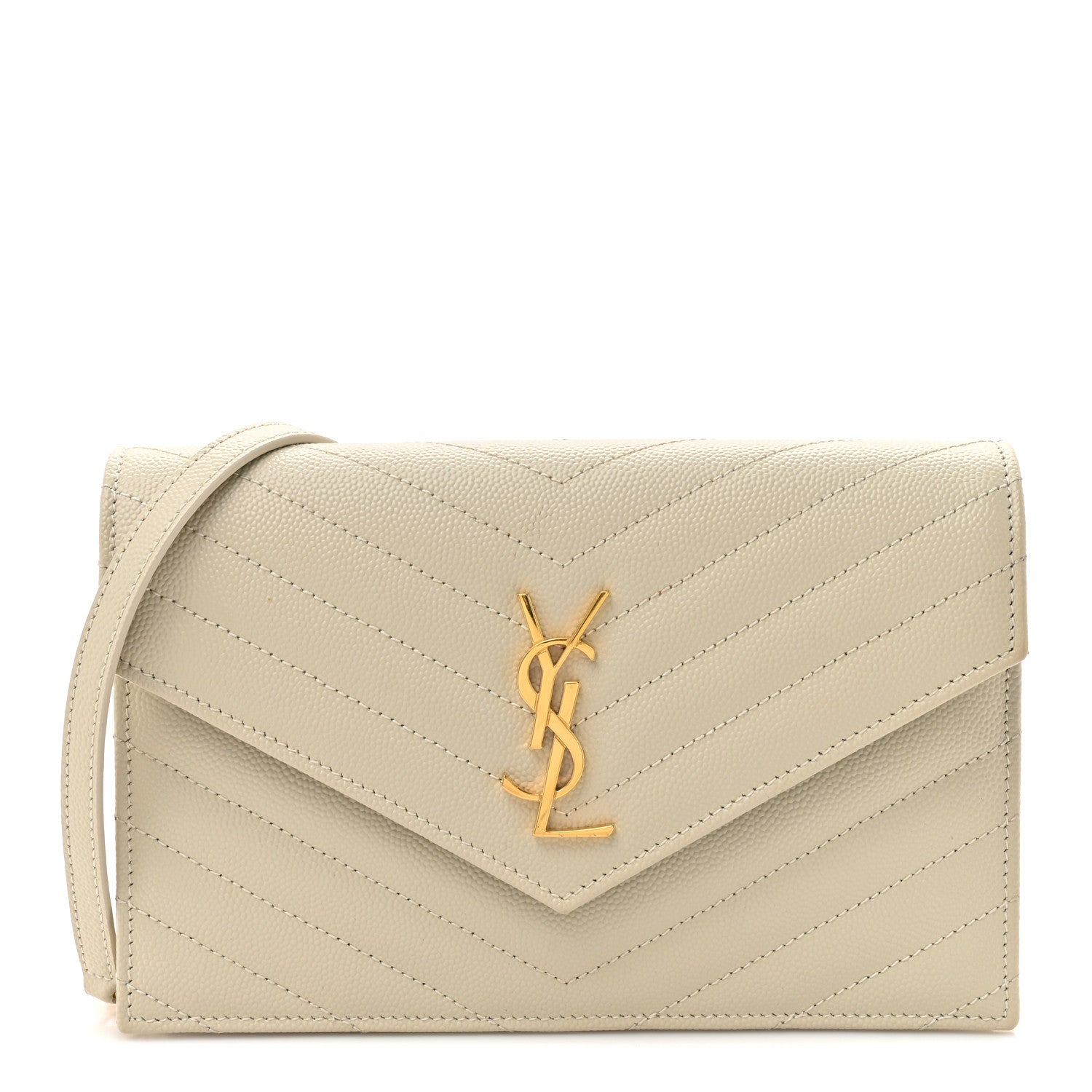 Saint Laurent Grain De Poudre Matelasse Chevron Monogram Envelope Chain Wallet Crema Soft 1 of 9