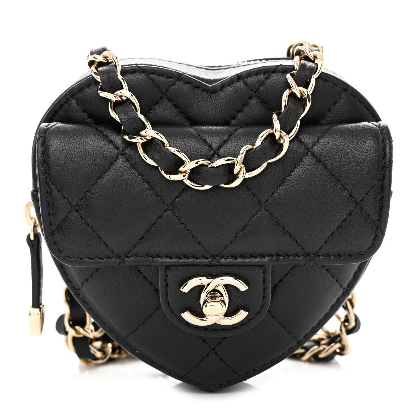 Lambskin Quilted CC In Love Heart Waist Belt Bag With Chain Black