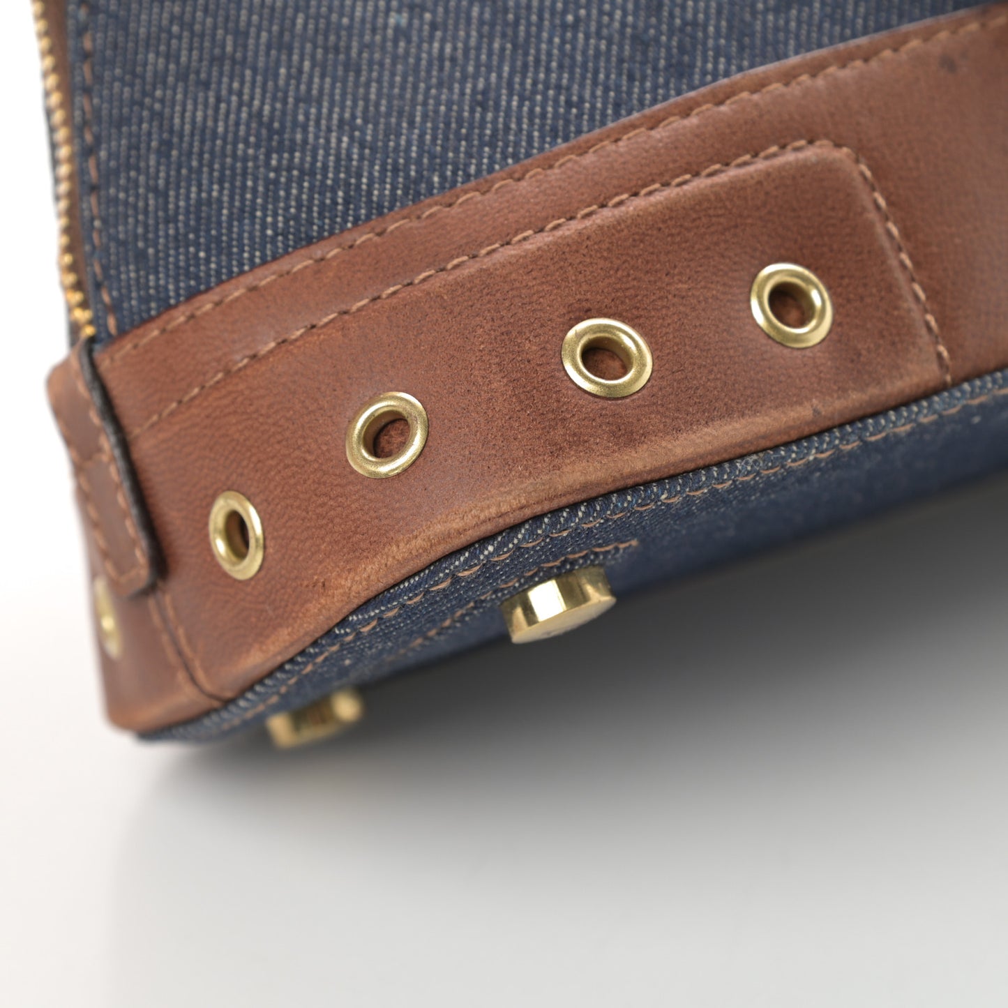 Denim Calfskin Street Chic Top Handle Bag Blue Brown