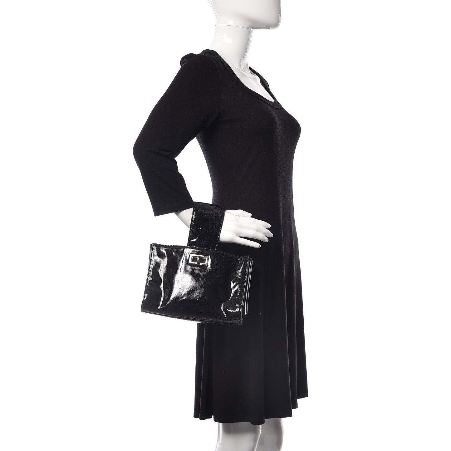 Patent Mademoiselle Lock Convertible Wrist Clutch Bag Black