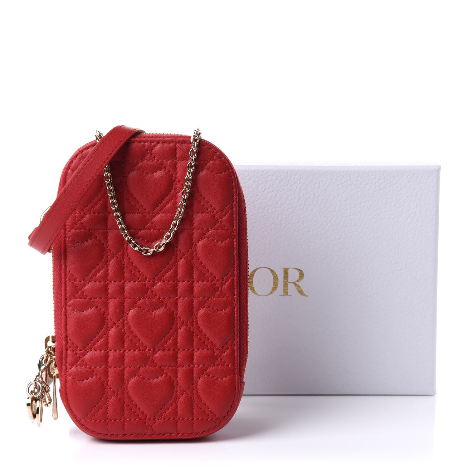 Christian Dior Lambskin Cannage Dioramour Lady Dior Phone Holder Bright Red 9 of 11