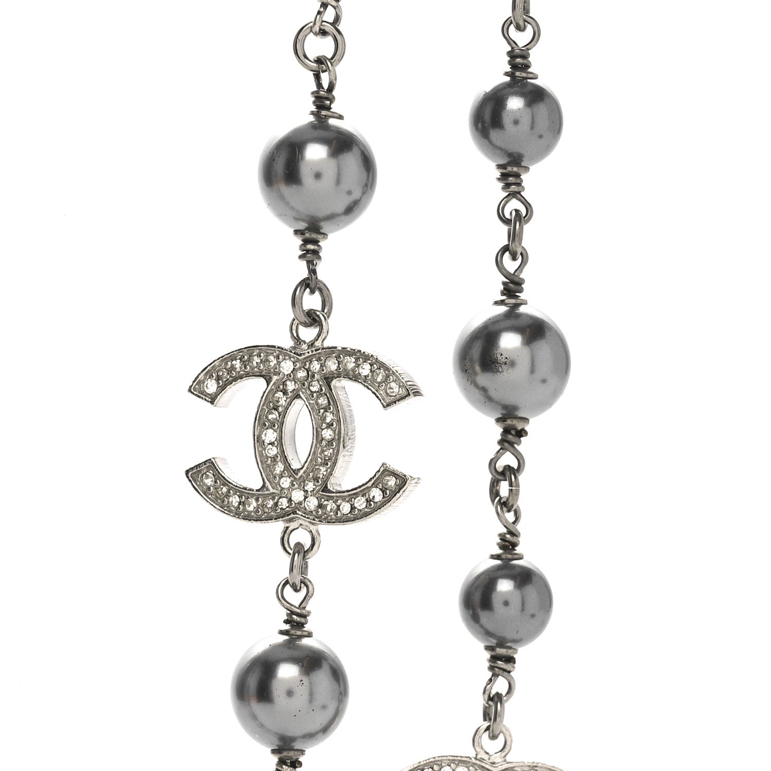 Chanel Crystal Pearl Beaded CC Long Necklace Ruthenium 4 of 5