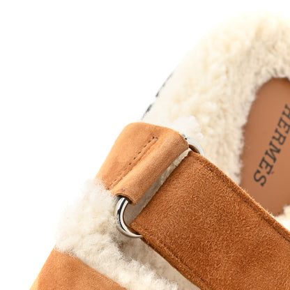 Hermes Suede Goatskin Woolskin Womens Chypre Sandals 38.5 Brun Fume Ecru 9 of 11