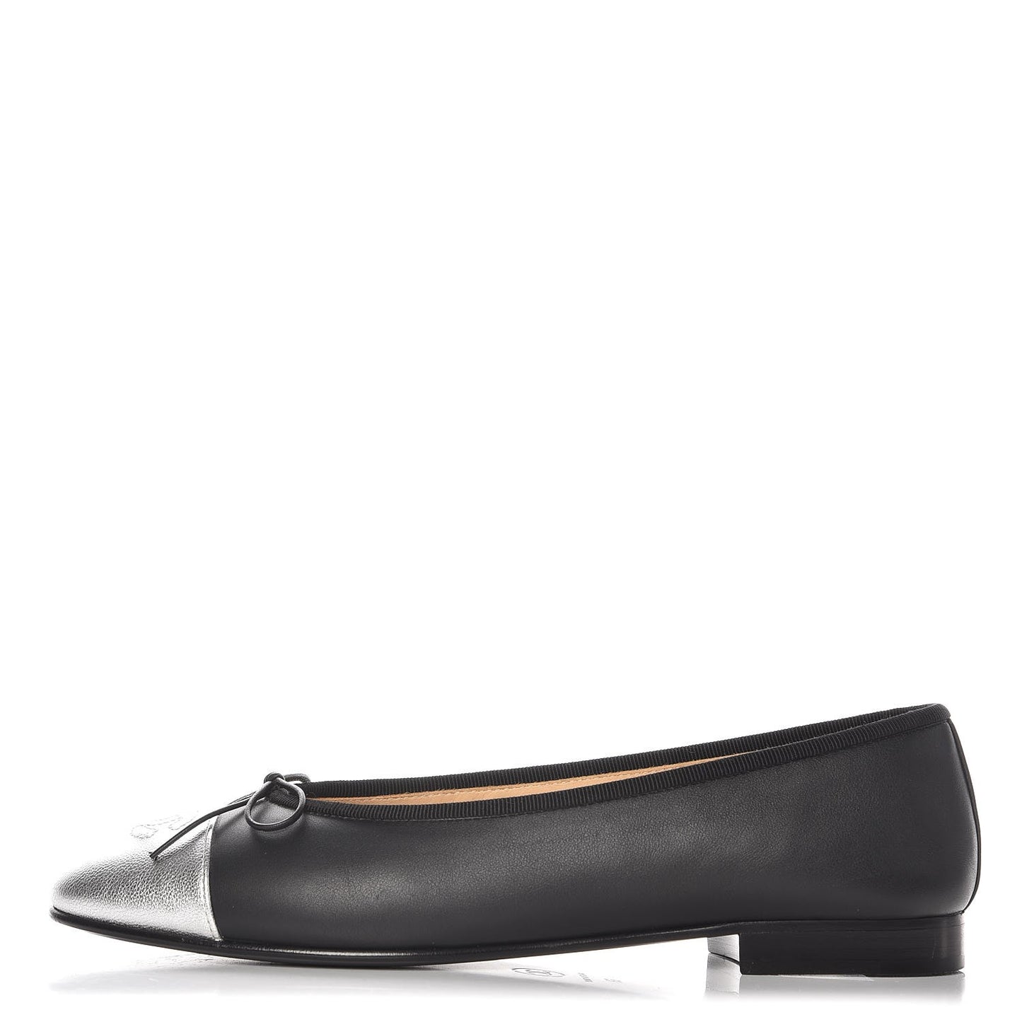 Calfskin Metallic Goatskin CC Cap Toe Ballerina Flats 39 Black Silver