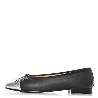 Chanel Calfskin Metallic Goatskin CC Cap Toe Ballerina Flats 39 Black Silver 1 of 11