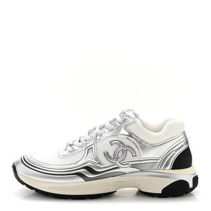 Chanel Fabric Laminated Calfskin Stretch CC Sneakers 39.5 White Silver 1 of 10