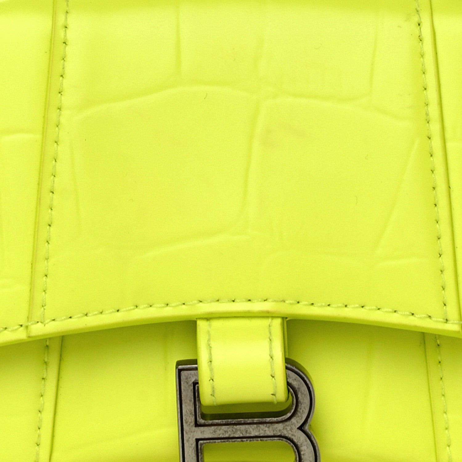 Balenciaga Semi Shiny Calfskin Crocodile Embossed Hourglass Top Handle Bag Mini Fluo Yellow 8 of 18