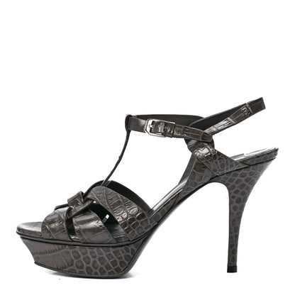 Saint Laurent Calfskin Crocodile Embossed Tribute 75 Platform Sandals 39 Dark Grey 1 of 8