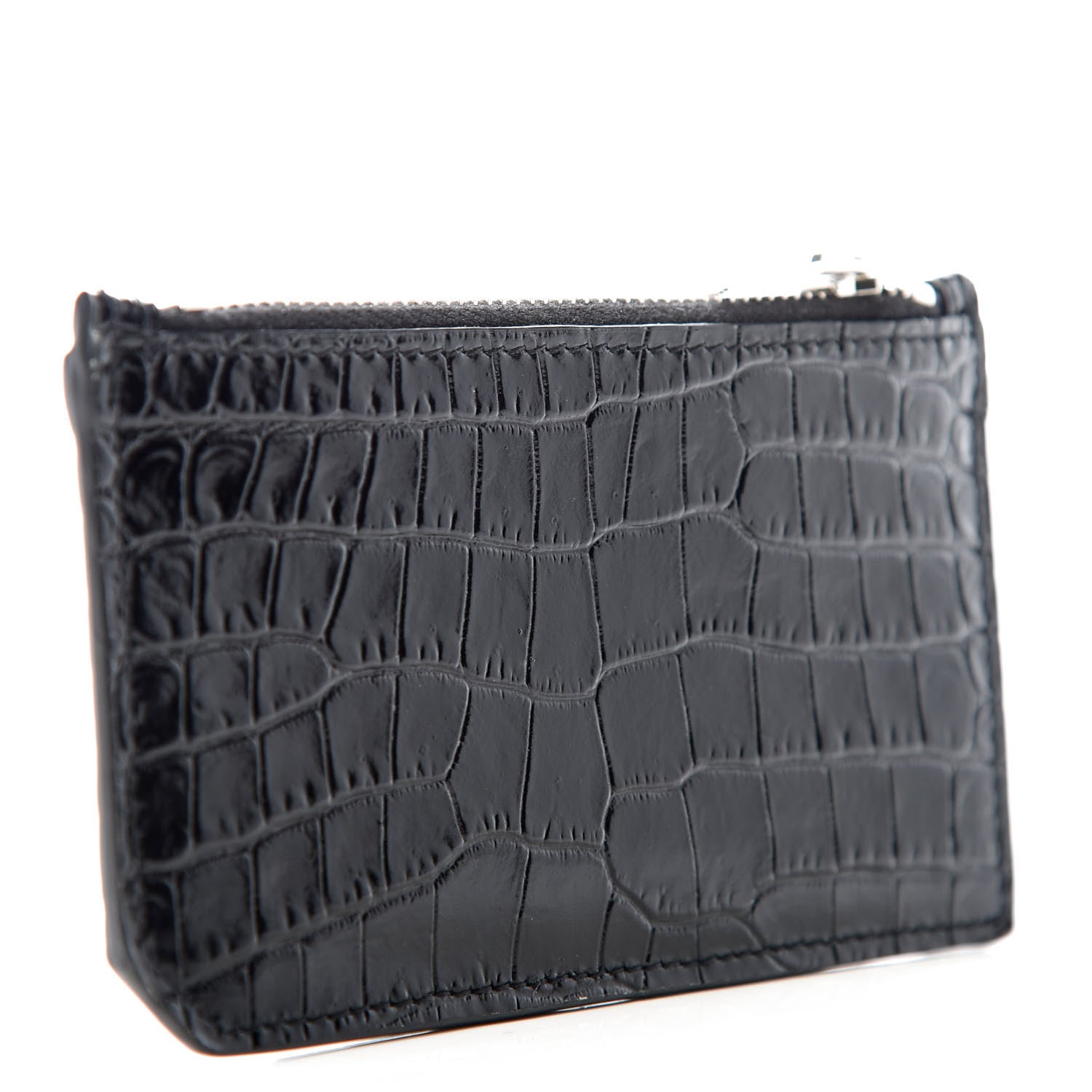 Saint Laurent Calfskin Crocodile Embossed 5 Fragments Zip Pouch Card Holder Black 3 of 8