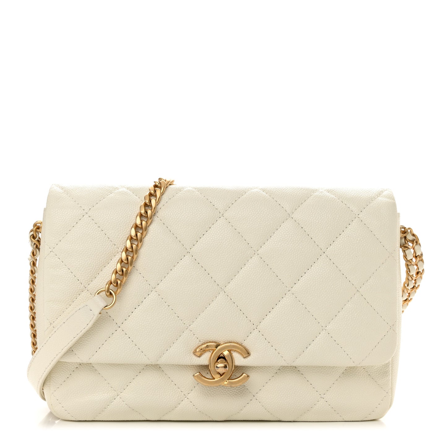 Shiny Caviar Quilted Large Chain Melody Flap White