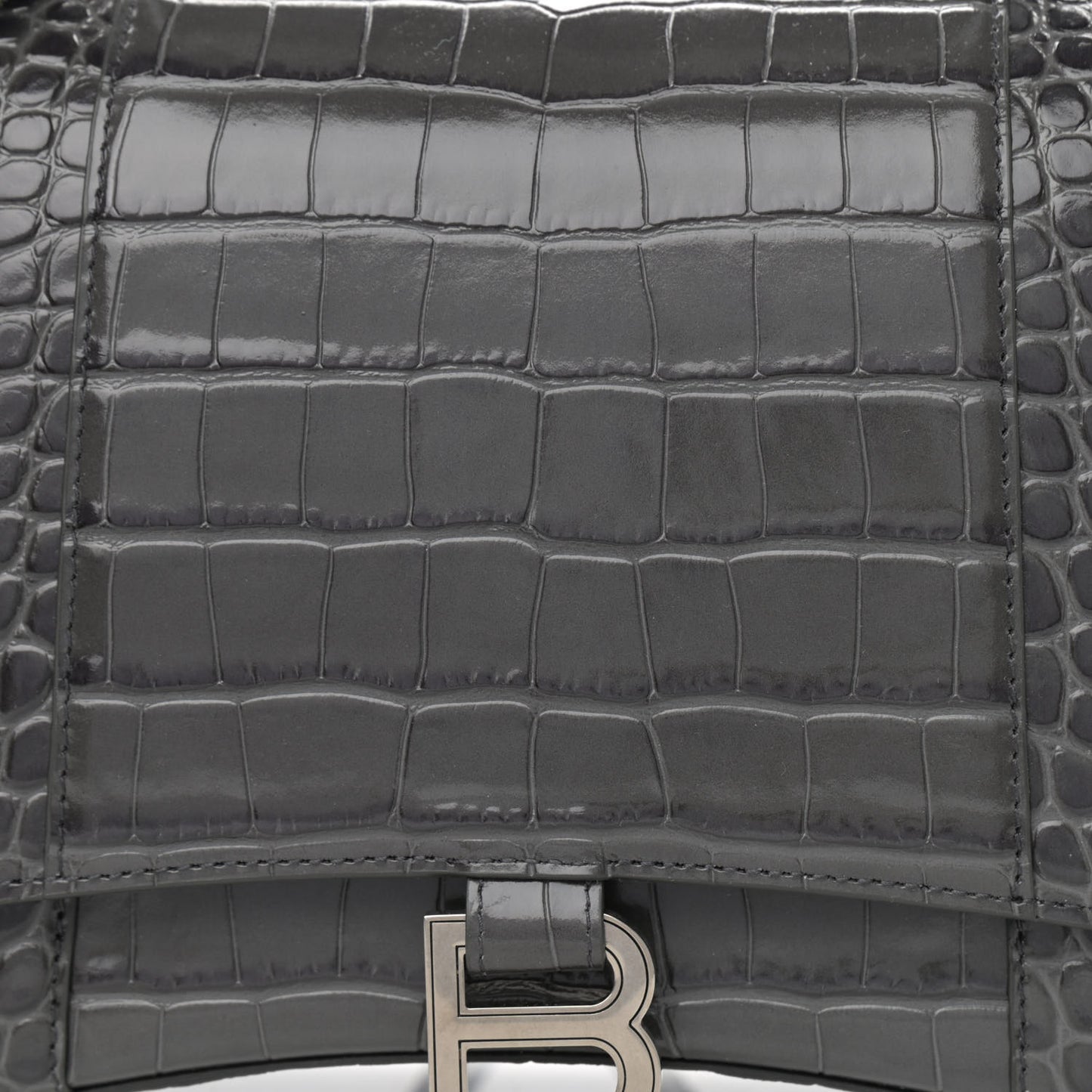 Shiny Calfskin Crocodile Embossed Medium Hourglass Top Handle Bag Dark Grey