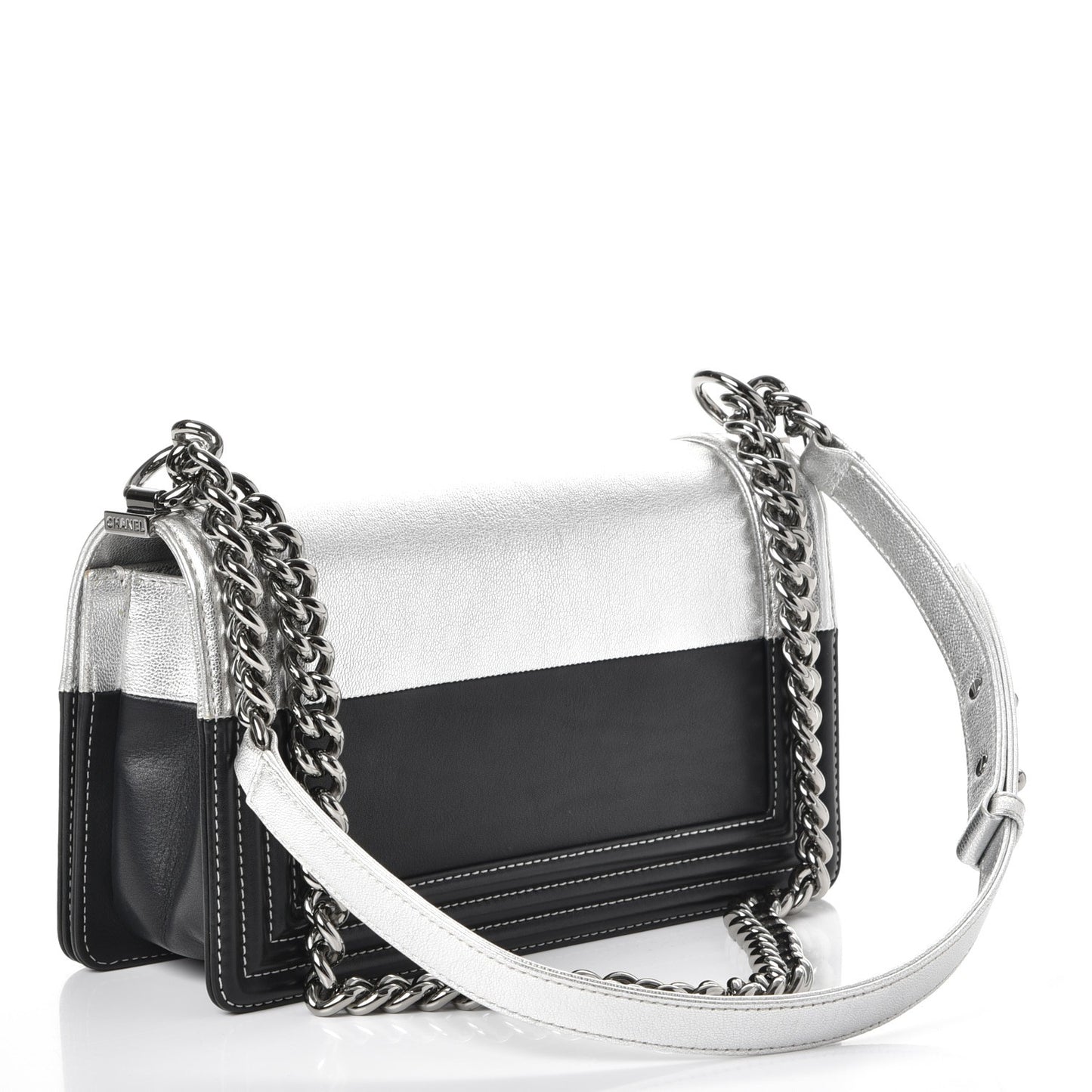 Metallic Goatskin Calfskin Medium Boy Flap Silver Black