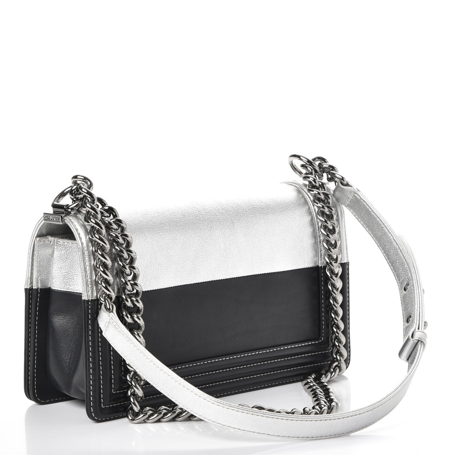Chanel Metallic Goatskin Calfskin Medium Boy Flap Silver Black 4 of 9