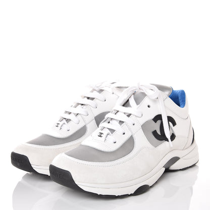 Chanel Suede Calfskin Womens CC Sneakers 39.5 White Silver Blue 3 of 8