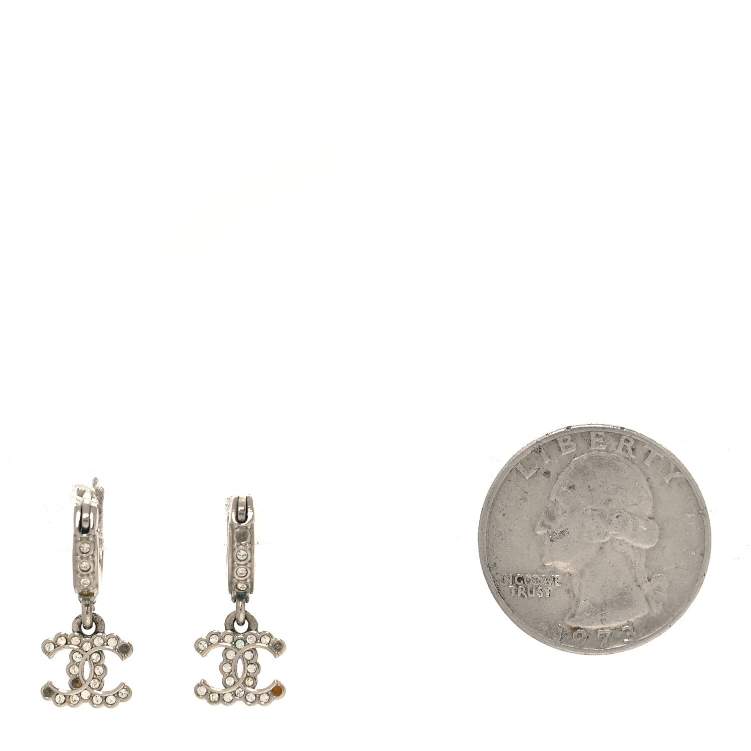 Chanel Metal Crystal CC Hoop Drop Earrings Silver 2 of 6