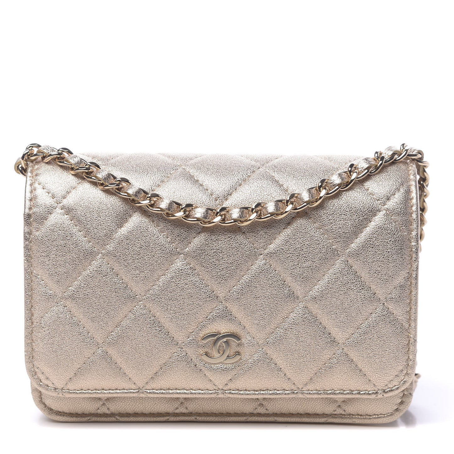 Metallic Lambskin Quilted Mini Wallet On Chain WOC Gold