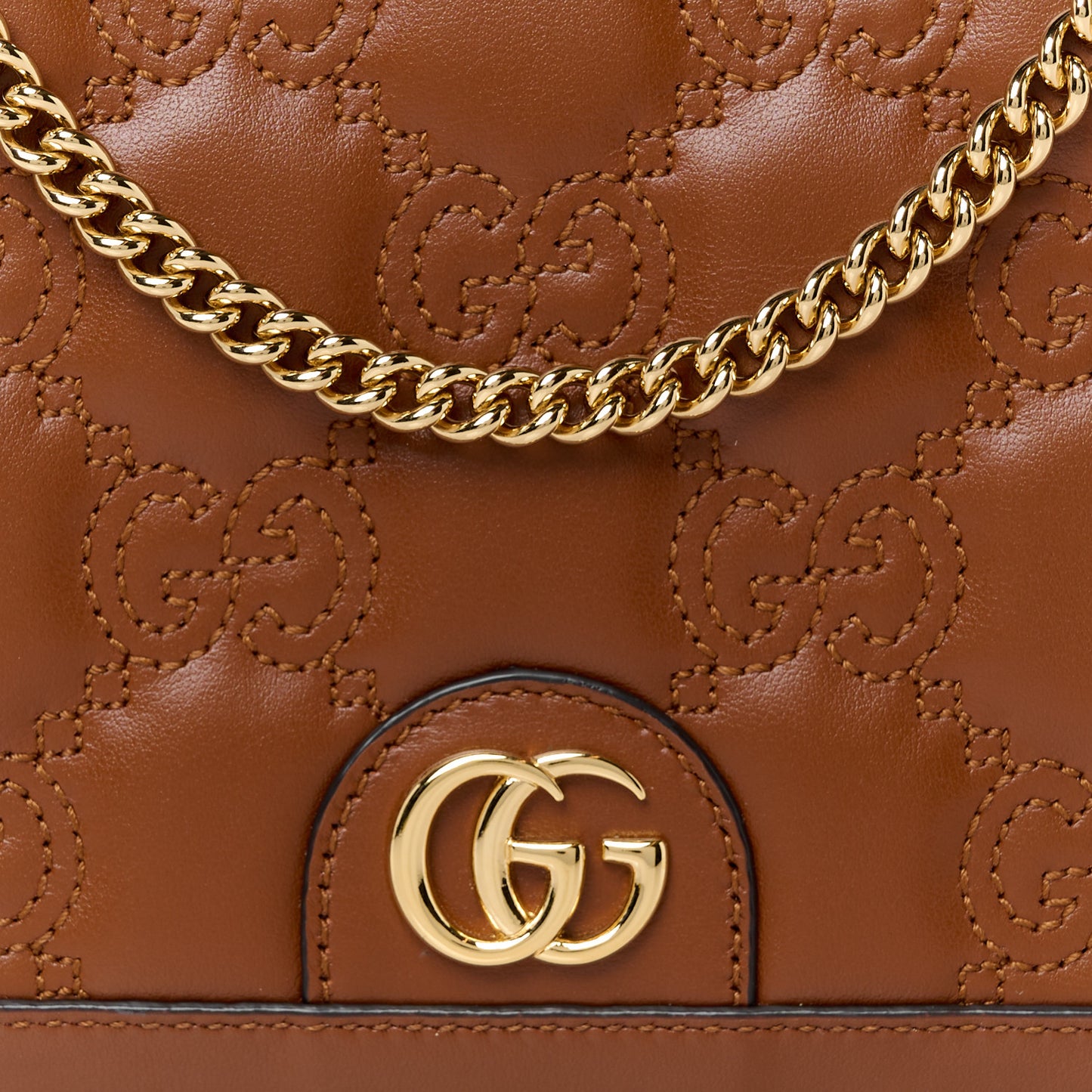 Calfskin GG Matelasse Chain Wallet Peanut Brown