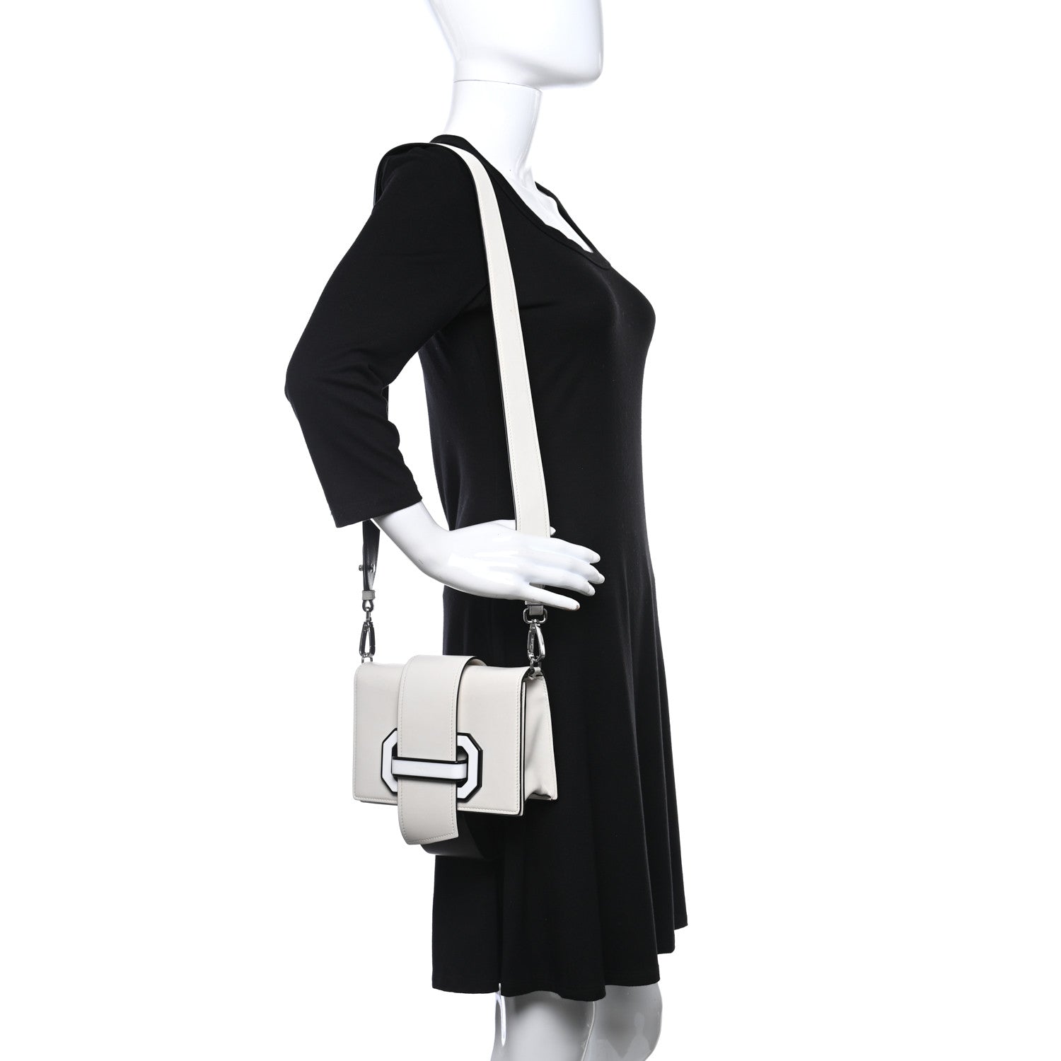 Prada City Calf Plex Ribbon Bag White Black 2 of 20