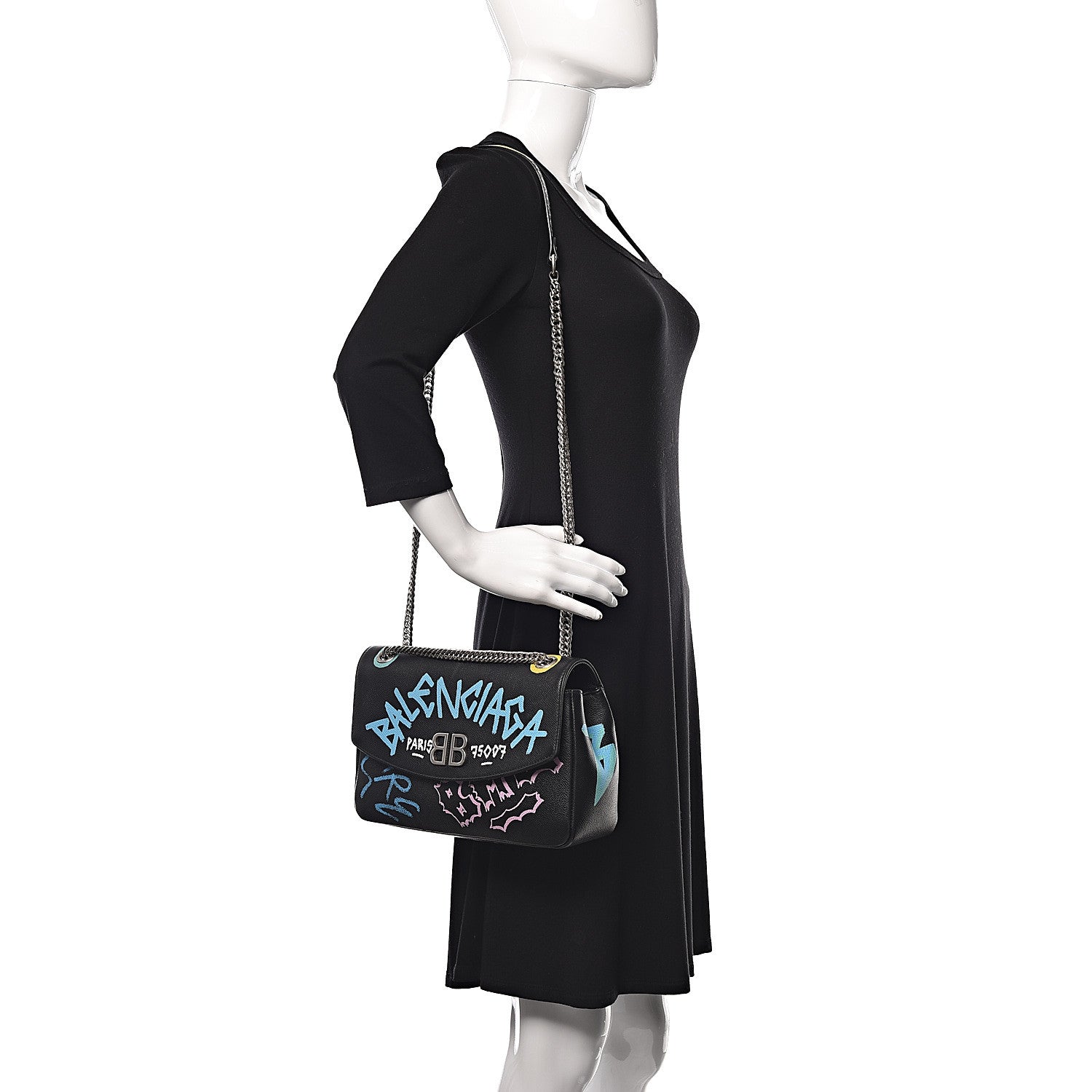 Balenciaga Grained Calfskin Graffiti M BB Round Shoulder Bag Black Multicolor 2 of 13