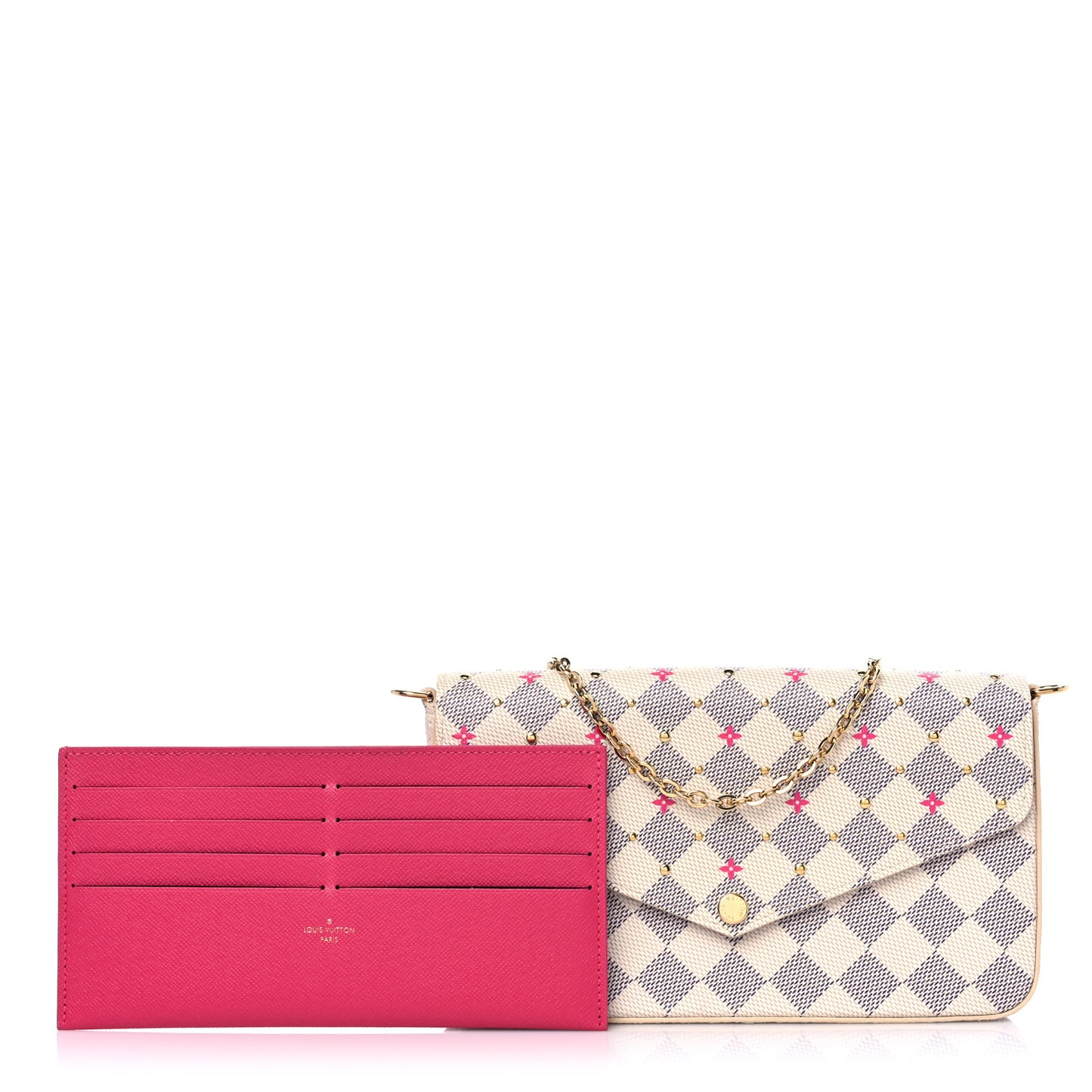 Damier Azur Studded Pochette Felicie Chain Wallet Fuchsia