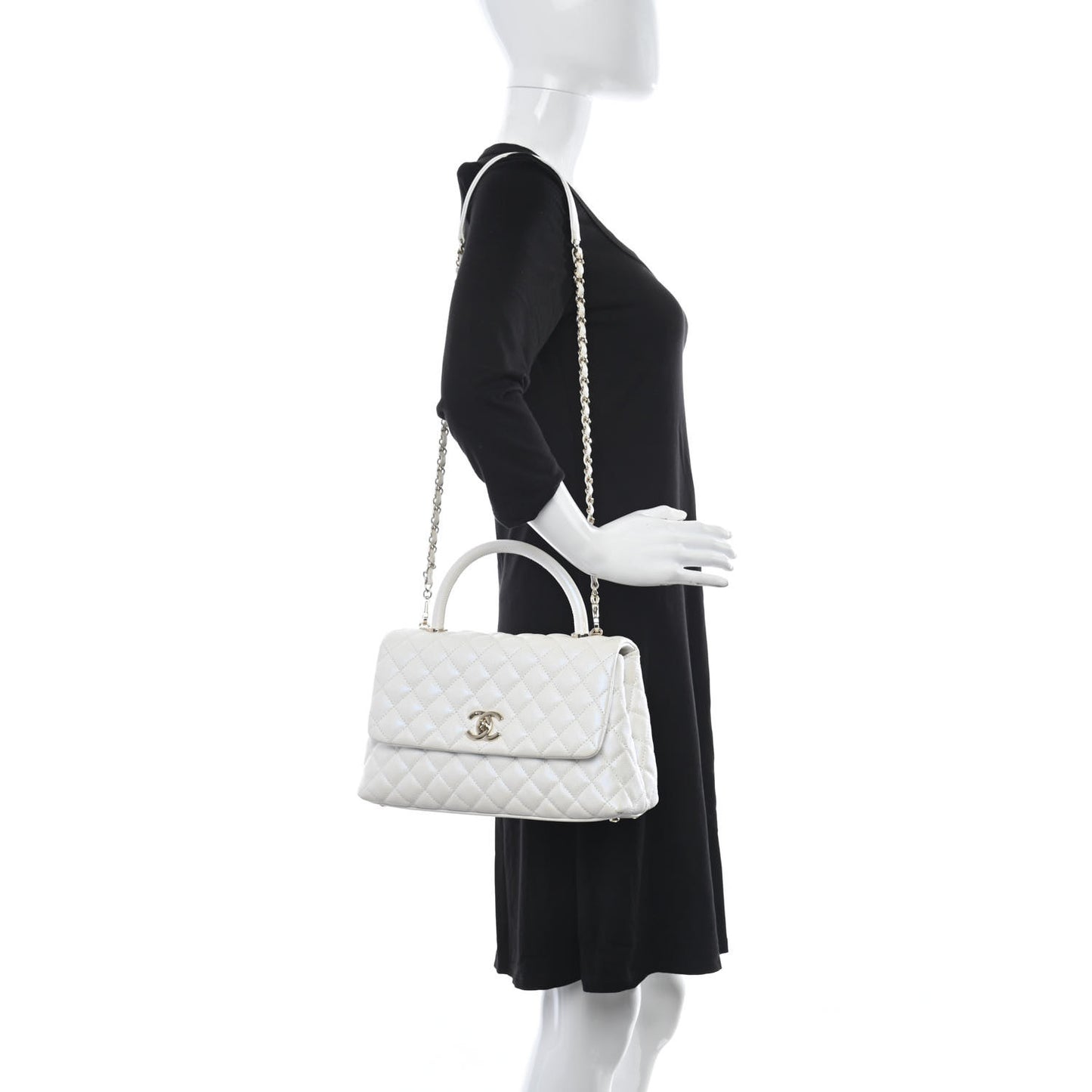 Iridescent Caviar Quilted Small Coco Handle Flap White