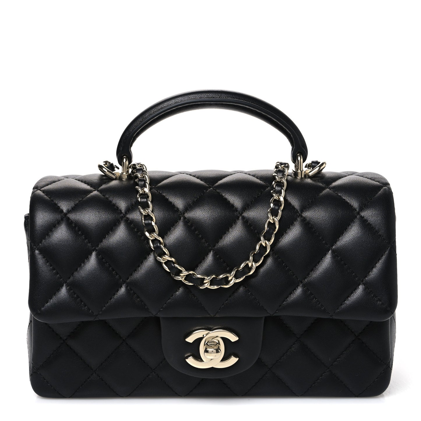 Lambskin Quilted Mini Top Handle Rectangular Flap Black