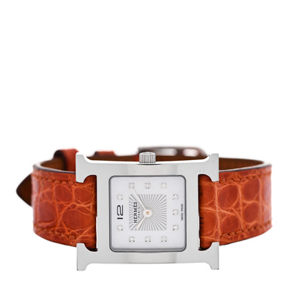 Hermes Stainless Steel Alligator Diamond Mother of Pearl 21mm Heure H Hour Quartz Watch Orange 2 of 5