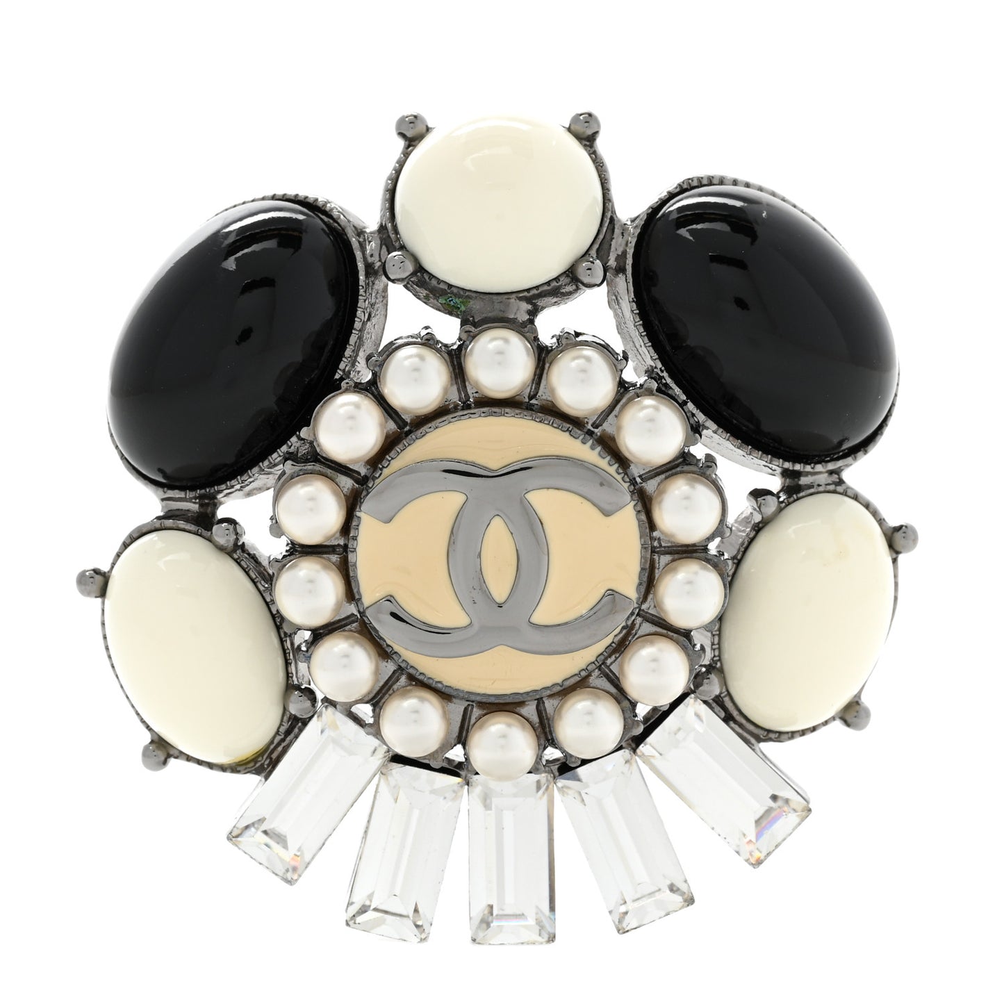 Gripoix Pearl CC Brooch Black White