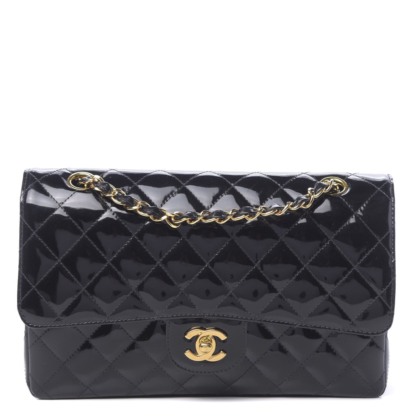 Patent Quilted Medium Double Flap Black