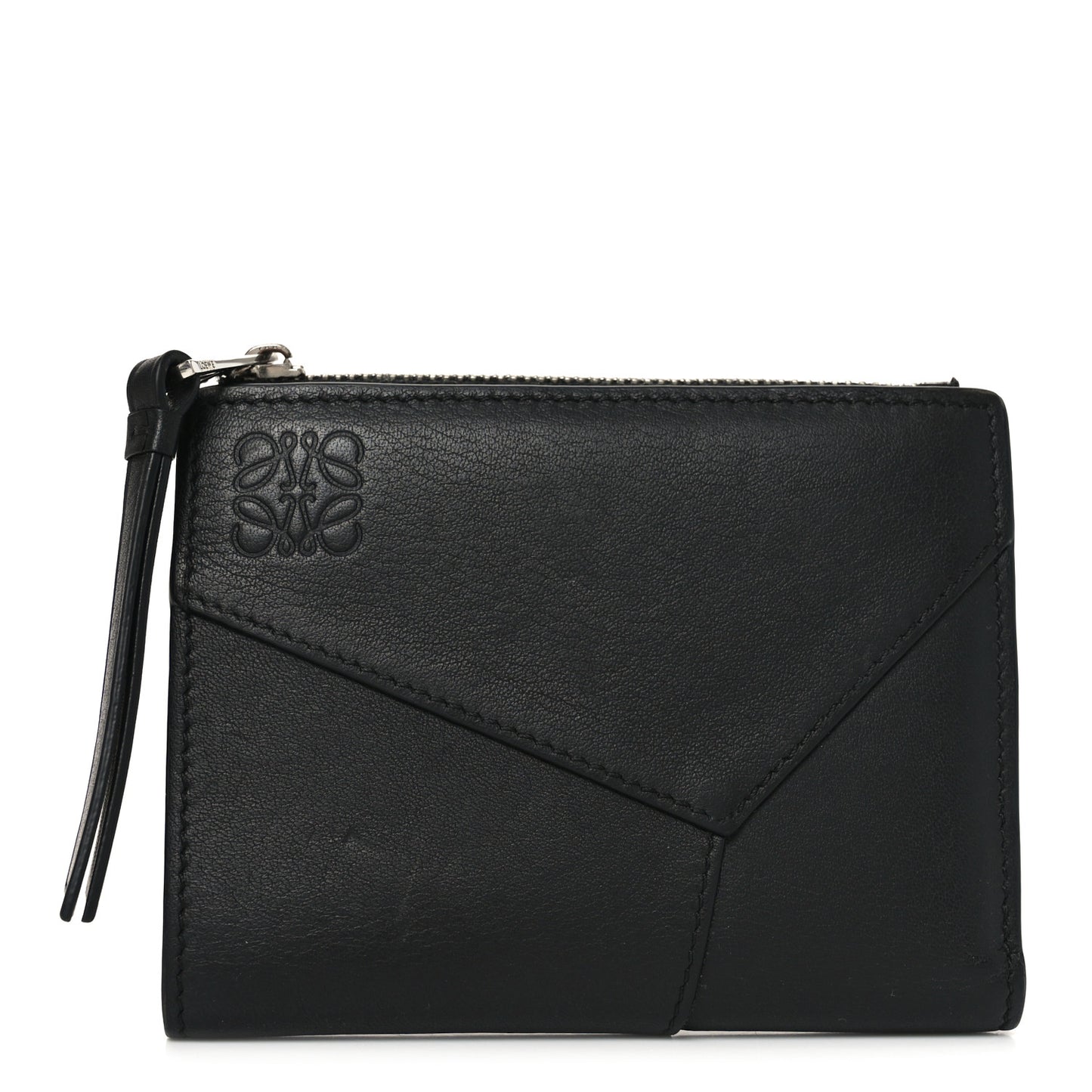 Calfskin Puzzle Zip Slim Compact Bi-Fold Wallet Black