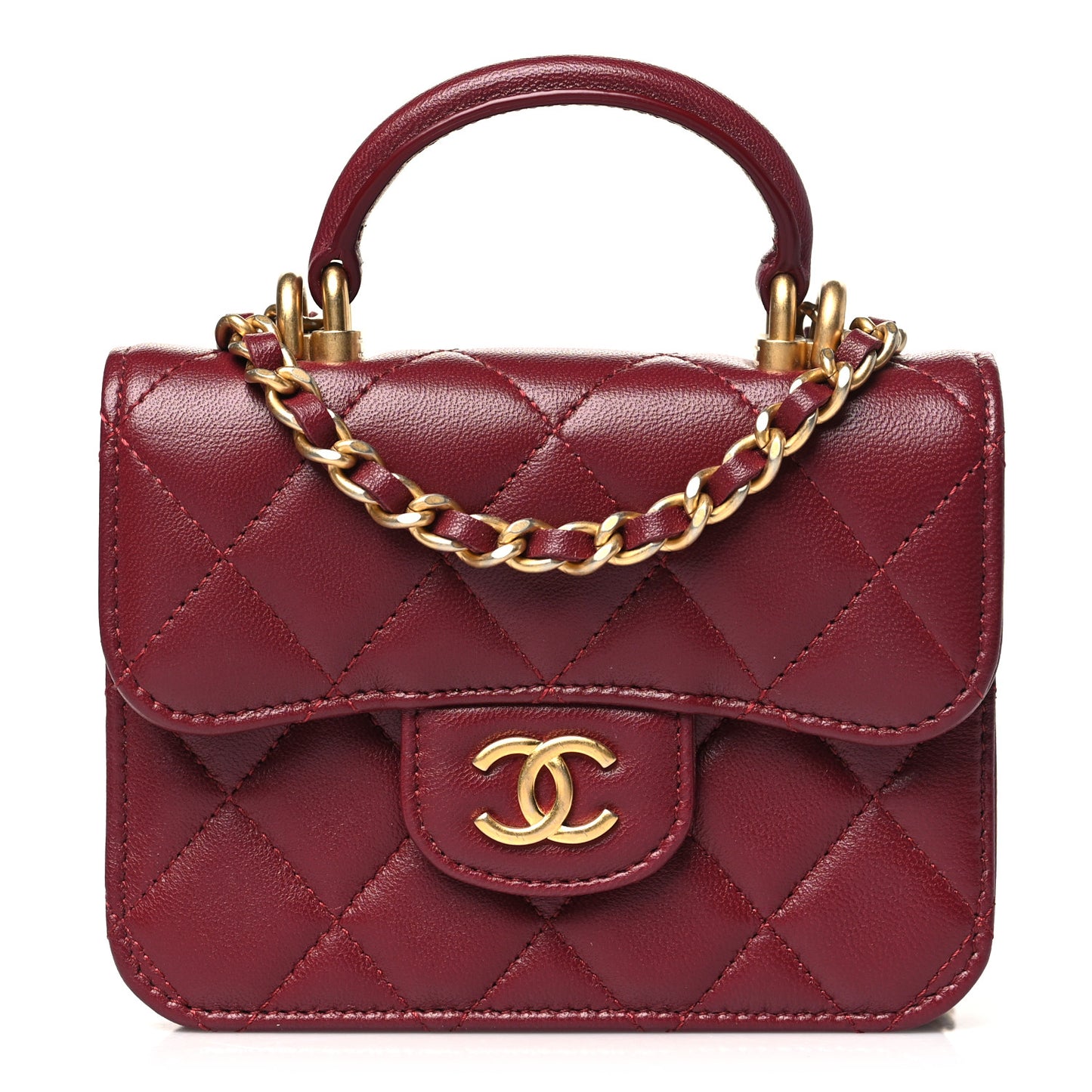 Lambskin Quilted Top Handle Flap Coin Purse With Chain Burgundy