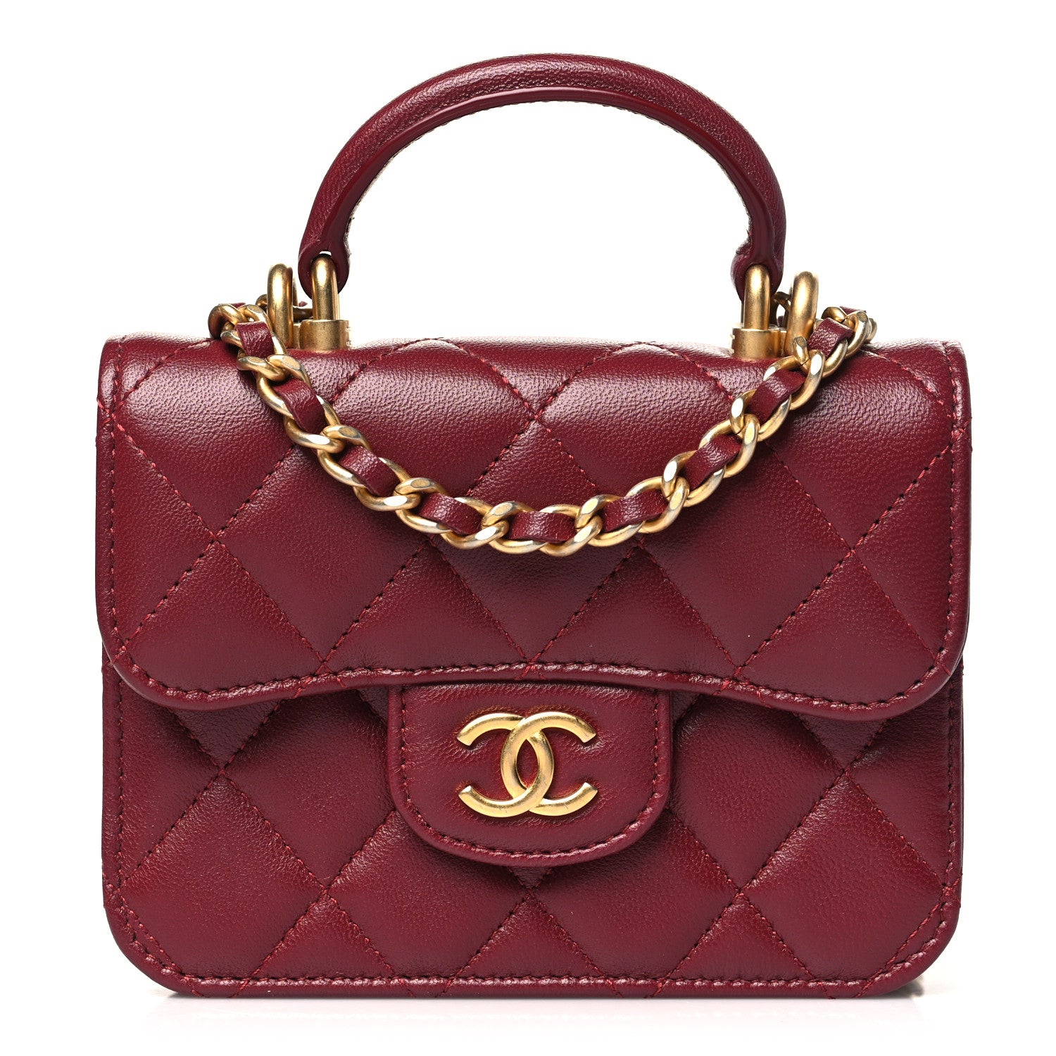 Chanel Lambskin Quilted Top Handle Flap Coin Purse With Chain Burgundy 1 of 11