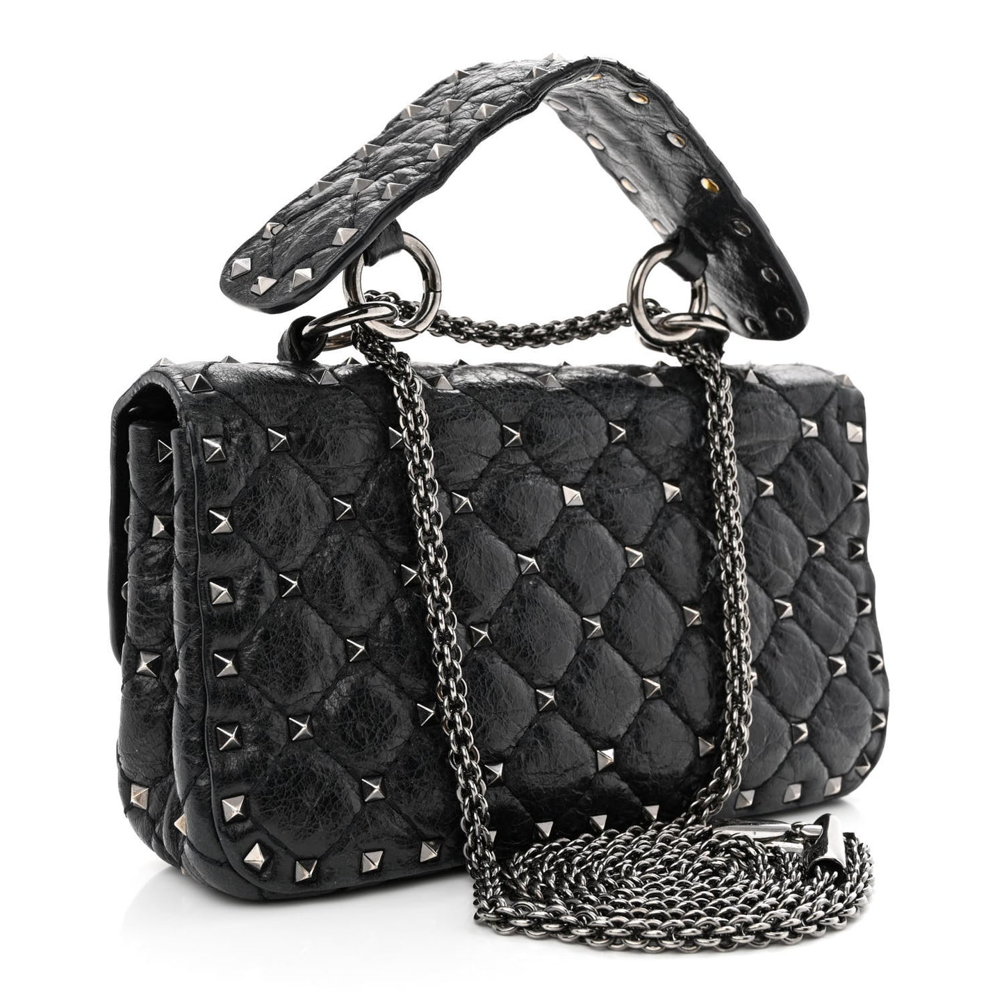 Craquele Nappa Small Rockstud Spike Shoulder Bag Black