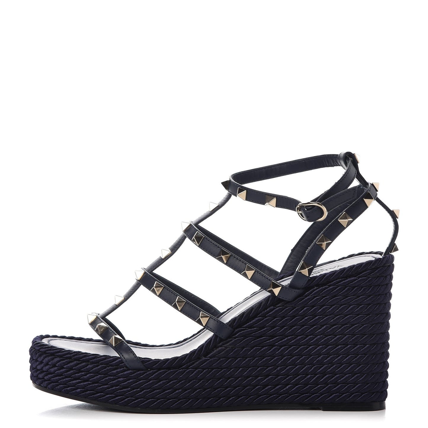Calfskin Rockstud Ankle Strap Torchon Espadrille Caged Wedge Sandals 40 Navy