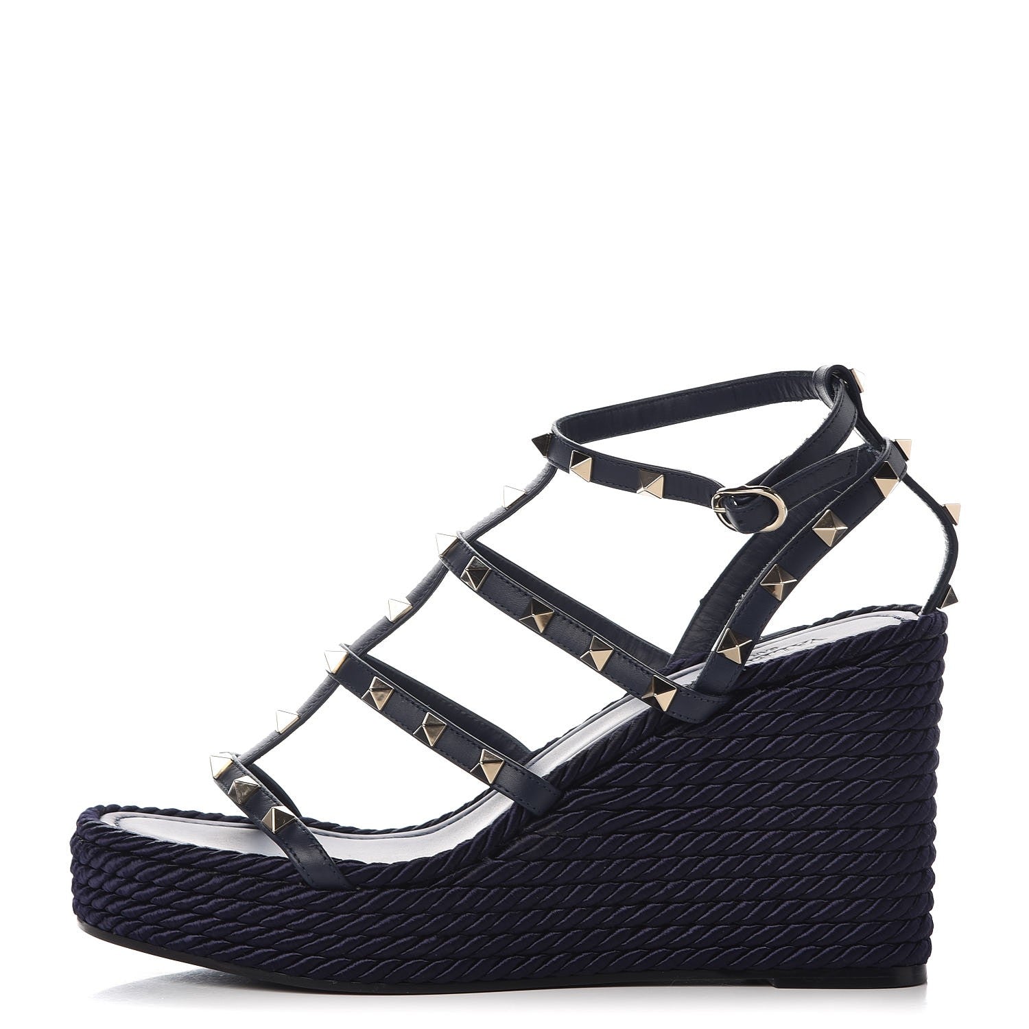 Valentino Garavani Calfskin Rockstud Ankle Strap Torchon Espadrille Caged Wedge Sandals 40 Navy 1 of 8