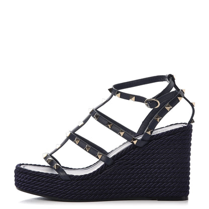 Valentino Garavani Calfskin Rockstud Ankle Strap Torchon Espadrille Caged Wedge Sandals 40 Navy 1 of 8