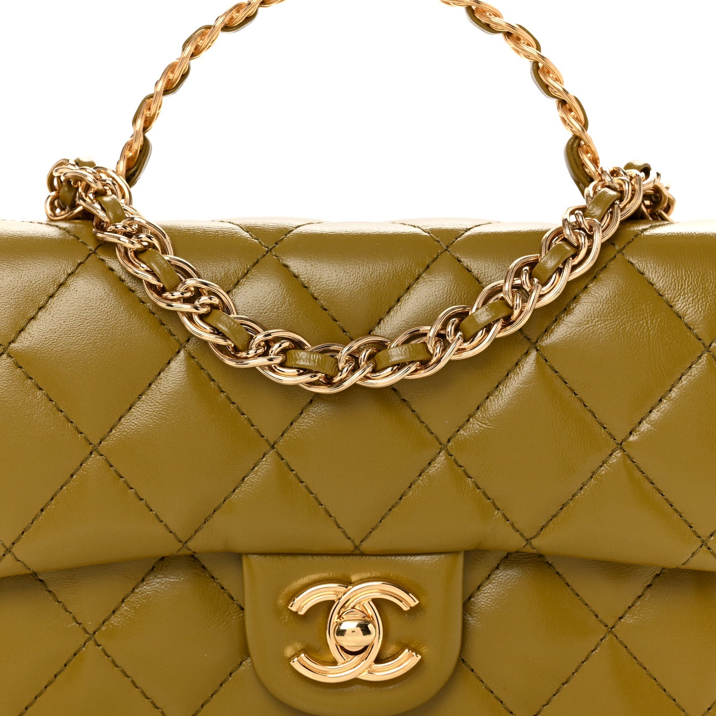 Shiny Lambskin Quilted Golden Links Top Handle Flap Green