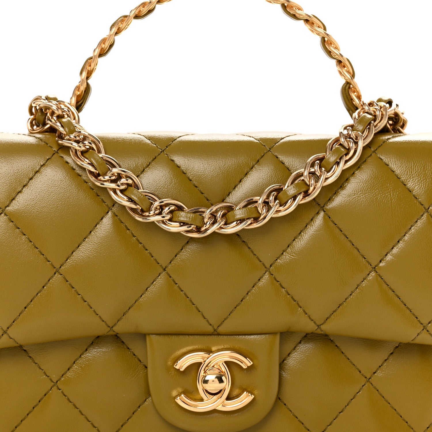 Chanel Shiny Lambskin Quilted Golden Links Top Handle Flap Green 8 of 10