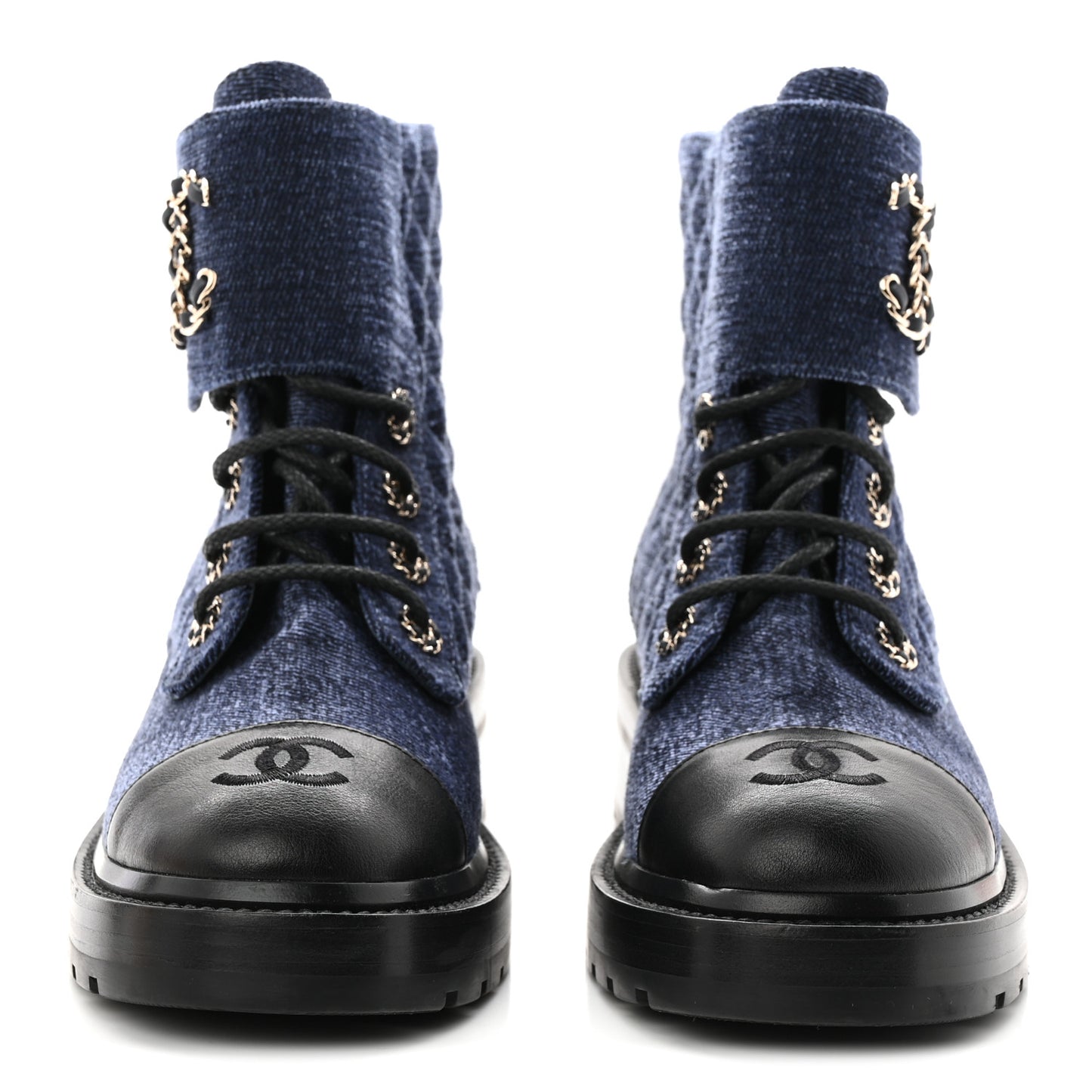 Denim Calfskin Quilted Lace Up Combat Boots 37.5 Blue