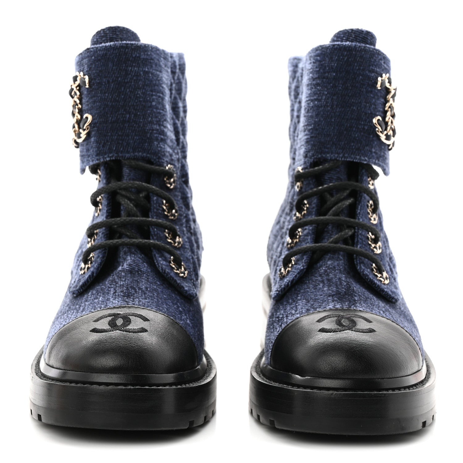 Chanel Denim Calfskin Quilted Lace Up Combat Boots 37.5 Blue 3 of 11