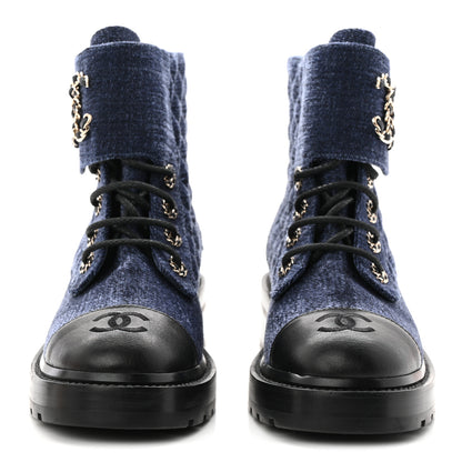 Chanel Denim Calfskin Quilted Lace Up Combat Boots 37.5 Blue 3 of 11